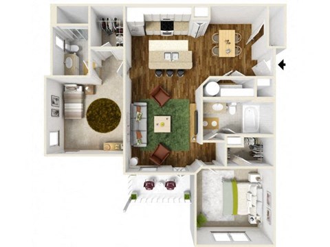 Floor plan for 2 beds, 2 baths, 1085 sqft